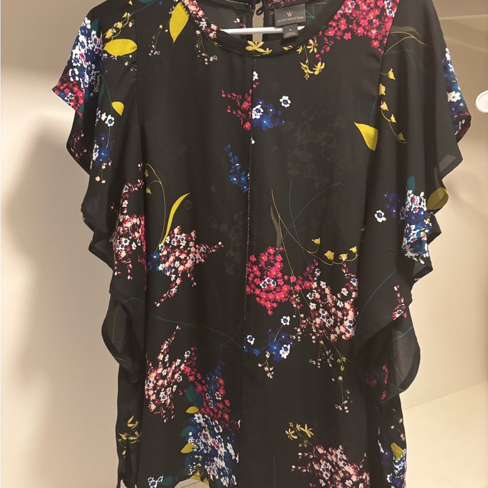 Worthington Black Floral Ruffle Sleeve Blouse
